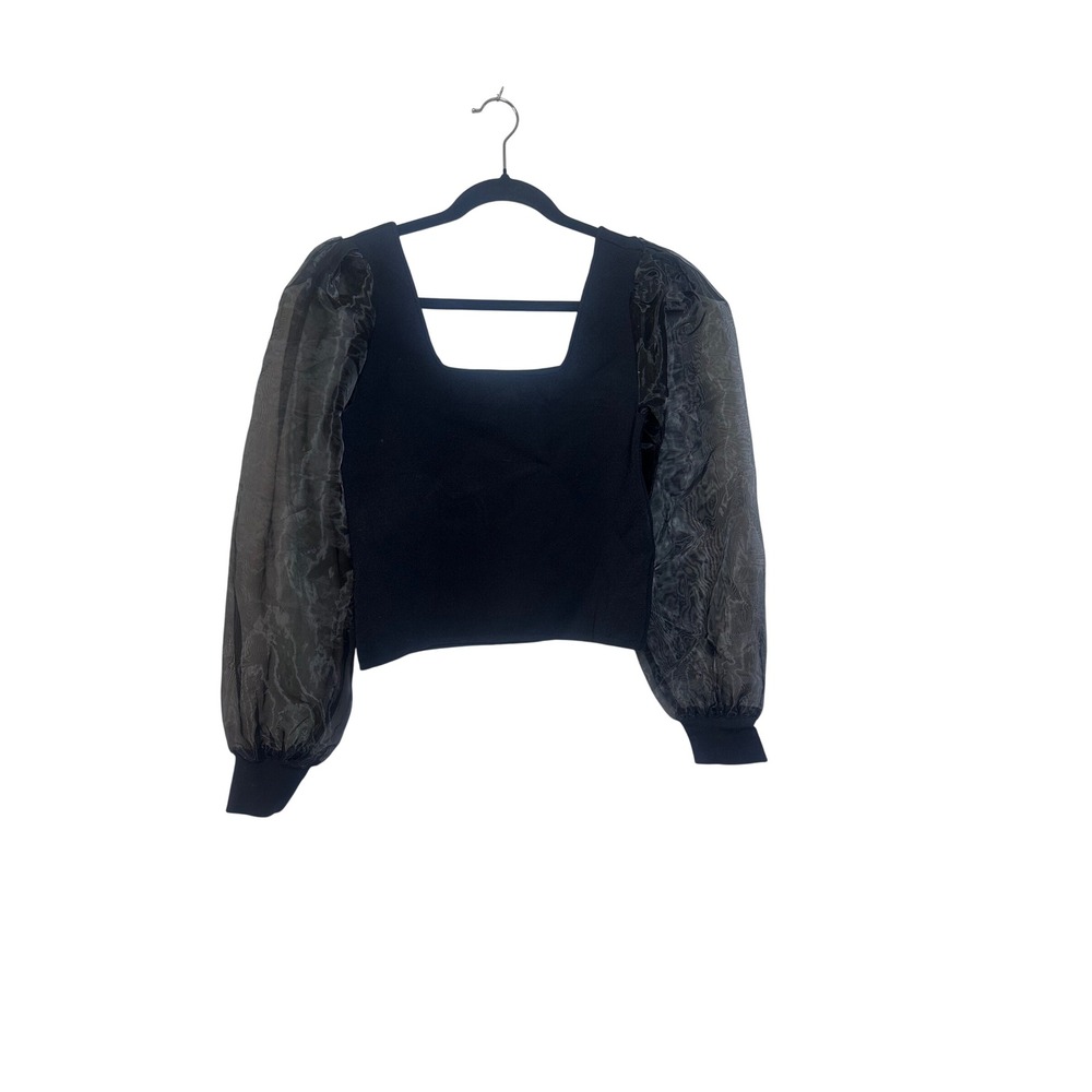 House of Harlow 1960 Womens Black Sheer Puff Sleeve Square Neck Knit Top Medium